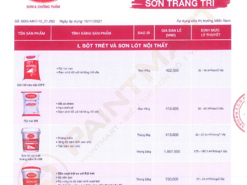 Bảng giá sơn Kova mới cập nhật 2023
