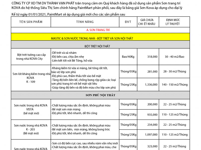 Bảng giá sơn Kova 2021